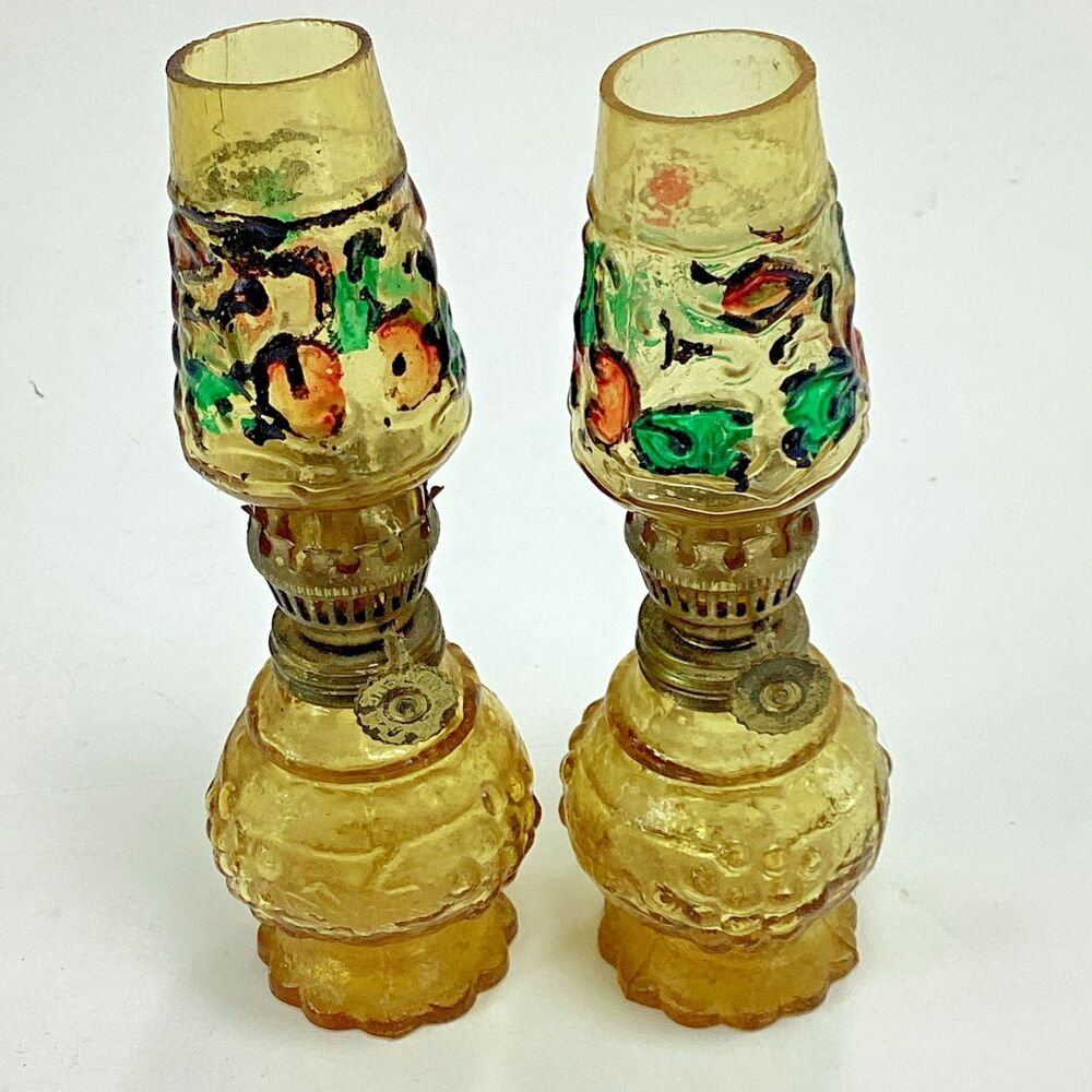 Vtg Amber Glass Mini Oil Lamp Hand Painted Floral Grape Leaf Pattern Hong Kong 2